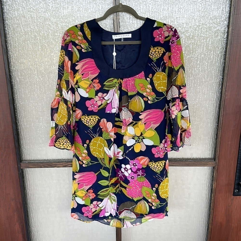 Trina Turk cheers print blue floral shift dress in size XS NWT